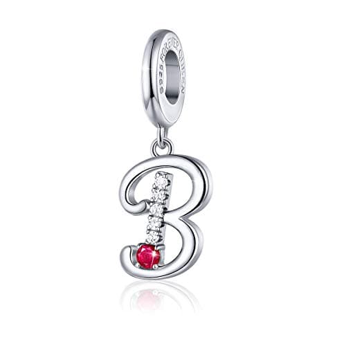 FOREVER QUEENInitial A-Z Letter Charm 925 Sterling Silver Dangle Beads Charm Red Zircon Alphabet Pendants for Snake Chain Bracelets Necklace Mother Gift Jewelry