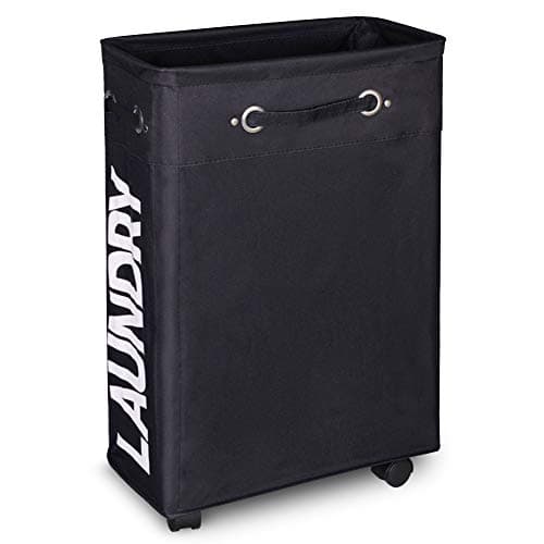 AcmeSoy Rolling Laundry Basket, Slim Tall Small Laundry Hamper with Wheels, Stand Collapsible Waterproof Storage Organizer Home Corner Bin (Black)