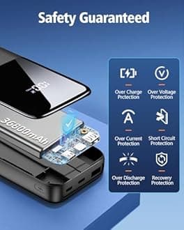 Portable Charger Power Bank - 36800mAh Fast Charging Powerbank Battery Pack with Built in USB-C(22.5W) and iOS(20W) Output Cable Compatible with iPhone Android Samsung etc (1 Pack, Black)