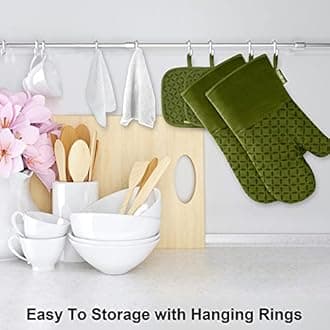 KEGOUU Oven Mitts and Pot Holders 6pcs Set - Green Cotton Silicone - 7x13in Gloves, 7x7in Holders, 12x12in Towels - Heat Resistant Up to 500°F - Non-Slip Silicone Surface - Easy Storage