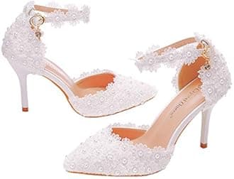 Women High Heels Sandals White Lace Pearls Wedding Shoes Pointed Toe Bridal Shoes