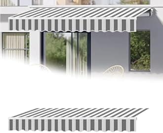 Outdoor Waterproof Patio Awning Canopy with Grey Stripes Fabric Top Cover and Front Valance for Home and Commercial Use Garden Sails Shade Protection 22.9x4.9ft