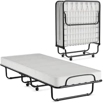 KOMFOTT Rollaway Folding Bed with 4 Inch Mattress, Foldable Rollaway Bed with Memory Foam Mattress for Adults, Portable Fold Up Guest Bed with Steel Frame on Wheels for Home & Office, Made in Italy