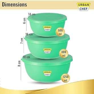 URBAN CHEF Mixing Bowl Set of 3 Stainless Steel (500ml, 800ml,1250ml) | Microwave Safe & Dishwasher Safe | Bowl Set with Lid for Gift | Bowls for Snacks | Serving Bowls Kitchen Accessories -Green