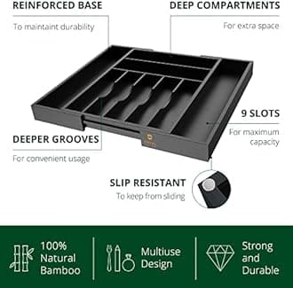 Bamboo Kitchen Drawer Organizer - Expandable Silverware Organizer/Utensil Holder and Cutlery Tray with Grooved Drawer Dividers for Flatware and Kitchen Utensils (9 Slots, Black)
