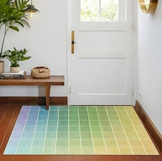 Mid Century Modern Ombre Green Checkered Rug 3x5, Retro Eclectic Colorful Rainbow Contemporary, Washable Area Rugs Non Slip Low Pile for Large Entryway Kitchen Laundry Room Bedroom Beside Bed