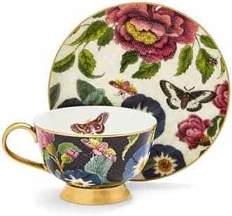 Spode Creatures of Curiosity Coupe Teacup & Saucer Set, Floral Print - 6.7oz Porcelain Teacup with Hand-Painted 22ct Gold Rim & Handle for Afternoon Tea, Brunch, or Gift Giving