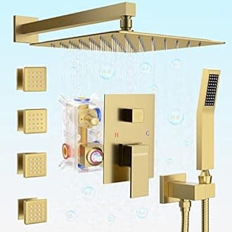 Bostingner Brushed Gold Shower System with Body Jets, 10 inch Rain Shower Body Spray Jets System Wall Mounted Shower Faucet Set with 3-Function Rough-in Pressure Balanced Shower Valve