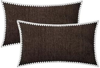 BRAWARM Throw Pillow Covers 12x20 Inches - Coffee Chenille Pillow Covers with Piping, Pack of 2 Solid Dyed Soft Chenille Pillow Cases for Couch Sofa Bed Home Decoration