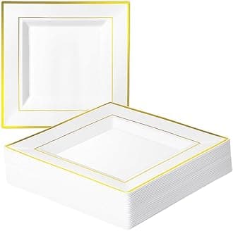 MATANA 20 Premium Square White Plastic Dessert Plates with Gold Rim, 16.5cm / 6.5 Inch - Reusable Small Side Plates, Starter Plates for Weddings, Birthdays, Picnic, BBQ, Parties