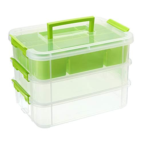 BTSKY 3 Layer Stack & Carry Box, Plastic Multipurpose Portable Storage Container Box Handled Organizer Storage Box with Removable Tray for Organizing Sewing, Art Craft, Supplies Green