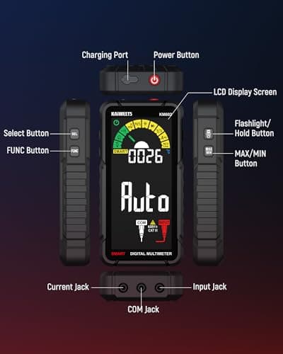 KAIWEETS Tester Rechargeable Multimeter Large Screen 6000 Count DC/AC Voltage Resistance Conduction Current Capacitance Diode Duty Ratio Temperature Measurement Digital Tester