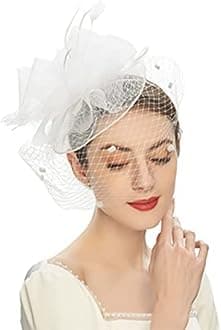 Goodern Womens Pillbox Fascinator Hat Headband Tea Party Fascinator Hat Veil Kentucky Derby Cap 1920s Cap Feathers Veil Mesh 1920s Flapper Great Gatsby Headband Wedding Hat Tea Hat - White
