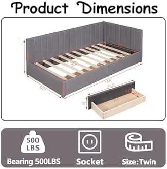 Twin Corner Daybed with 2 Storage Drawers,L Shaped Day Bed with Upholstered Armrest,Modern Sofa Bed Frame,Linen Fabric,No Box Spring Needed (Gray)