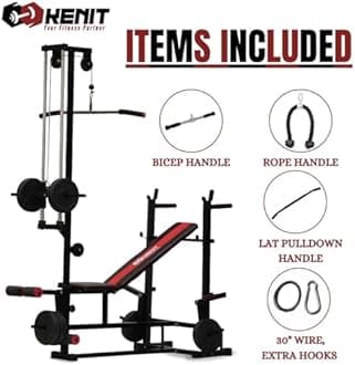 KENIT 10KG -100KG Rubber Coated Weight Plates Combo with 20 IN 1 Home Gym Bench, 5Ft Plain and 3Ft Curl Barbell Rods (23mm), Pair of Steel Dumbbell Rod & Accessories (50, Kilograms)