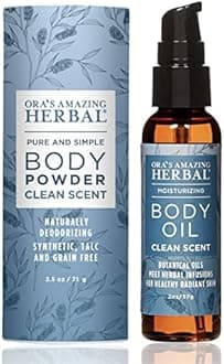 Ora's Amazing Herbal Natural Body Powder and Oil Set, Dusting Powder, Body Oil, No Talc, Corn, Grain, Gluten, Clean Scent 2.5 oz with Travel Size Clean Scent Oil 2 oz