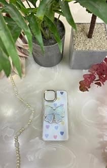 COVERLY for iPhone 14 3D Luxury Bow Heart Resin Phone Holder Case,Trendy Mirror Pop Cute Airbag Corner Makeup Art Love Story Couple Heart Mobile Stand Aesthetic Princess Cover for Apple iPhone 14