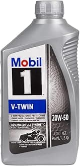 Mobil 1 Motor Oil, V-Twin, 20W50, Synthetic, 1 qt Bottle, V-Twin Motorcycles, Each