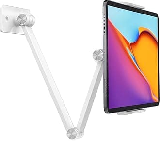 BEWISER Tablet Wall Mount Holder,Swivel 360° Rotating Flexibly, Height and Angle Adjustable, High-Grade Aluminium Alloy Long Arm Compatible with4.7-12.9" Phone and Tablet in Kitchen or Office (White)