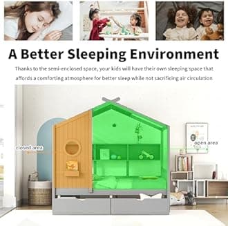 Linique Wooden Full Size House Bed with 2 Drawers and Storage Shelf,Full Platform Bed Frame with Pitched Roof,Gray