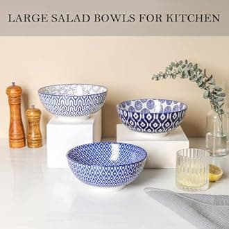 Selamica Ceramic Large Salad Bowls Set, 53 OZ Pho Bowls 8 Inch Soup Bowls for Kitchen, Large Serving Bowls for Ramen Pasta Fruit Dinner, Stackable & Sturdy, Set of 3, Vintage Blue