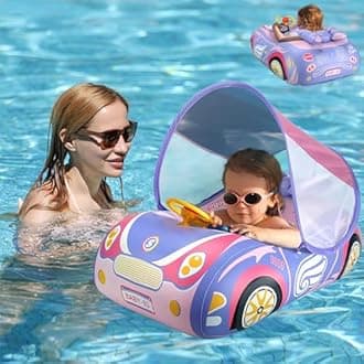 Baby Float with Canopy 3D Car Thick PVC Inflatable Baby Swim Pool Floats Seat Boat with Sun Shade Cover and Steering Wheel Baby Swim Floatie for Kids Infant Toddler Age 1-4 Years Old Girls Boys