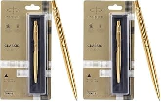 Parker Classic Gold Trim Ball Pen | Refillable | Gold Trim | Stainless Steel (1 Count, Pack of 2, Ink - Blue) | Ideal for gifting | Best pen for professionals, students