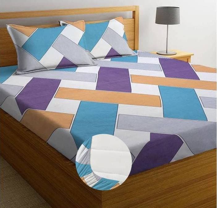 Premium Cotton Elastic Fitted Bedsheets with 2 King Size Pillow Covers | Double Bed with All Around Elastic 180 TC Supersoft | Size - 72 King Sizex78+10 inches | Blue White Daimond Shape