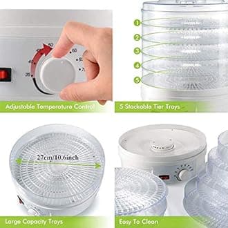 Food Dehydrator Machine Dehydrate Beef Jerky Meat Mushrooms Fruits & Vegetables Great For At High-Heat Circulation Home Use for Kitchen Dehydration Food Dryer Machine with 5 Stackable Trays. (White)