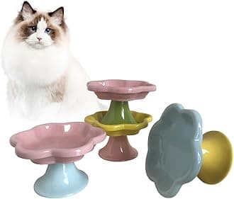 Ceramic Elevated Cat Bowls Flower Dish,Small Raised Dish.Flower Ceramic Raised Bowls for Cats and Small Dogs reducing pet’s Neck Bending and Pressure（Pink Blue）