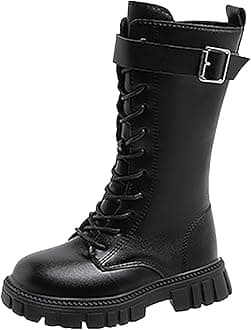 Girls Lace Up Riding Boots Mid Calf Combat Boots Fashion Waterproof PU Leather Side Zipper Punk Goth Boot 4-12.5 Years