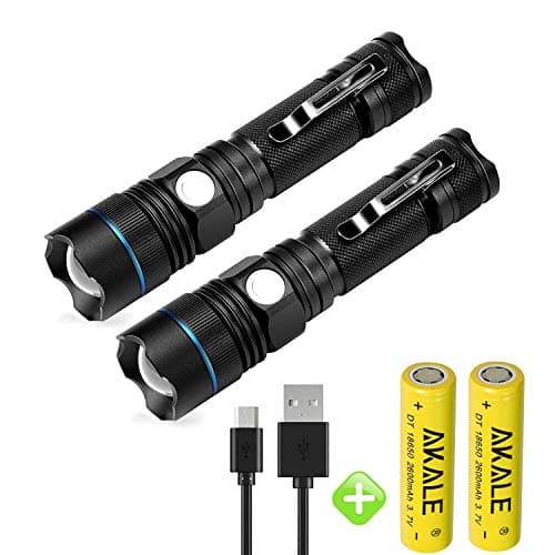 Akale Rechargeable LED Flashlight, Pocket-Sized LED Torch, Super Bright 400 Lumens CREE LED, Zoomable, IP65 Water Resistant, 5 Modes, Indoors and Outdoors (Camping, Hiking, and Cycling Use) 2 PACK