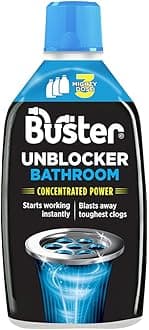 Buster Bathroom Drain Unblocker, Triple Dose Bottle, Fast-Acting Sink Unblocker Dissolves Hair, Sludge & Soap, Drain Cleaner Clears Blockages in Shower, Bath & Bathroom Sink Pipes, 900ml- Made in UK