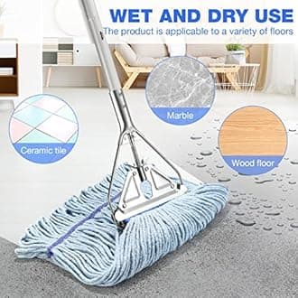Heavy Duty Industrial Commercial Mop with Extra Replacement Mop Head, 59in Stainless Steel Handle, Blue Microfiber Cotton Head, Floor Cleaning