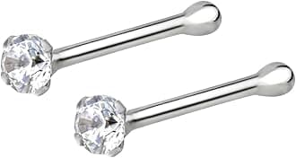 22G Nose Rings Studs w/ 1.5mm Crystal - 2 Pcs 7mm Sterling Silver Nose Piercing Jewelry Set, l Shaped Nose Rings Women & Men - CZ Simulated Diamond, Small Nose Studs Women