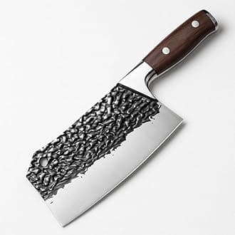Machado Damascus Full Bolster Textured German Rivet Fixed Stamped Heavy Duty Cleaver Knife Ideal for Meat and Poultry