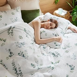 Bedsure Cotton Duvet Cover Queen - 100% Cotton Waffle Weave Floral Duvet Cover Set, Soft and Breathable Botanical Green Bedding Set for All Season (Queen, 90"x90")
