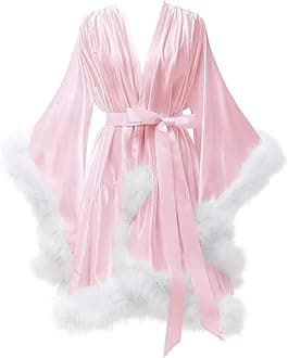 Changuan Women's Feather Robe Silk Satin Fur Bridal Robe Short Dressing Gown Bathrobe Lingerie Nightgown Sleepwear
