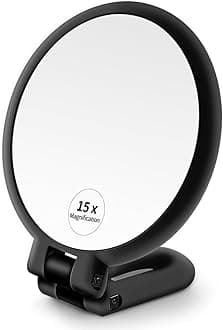 Plastic 1x 15x Magnifying Handheld Square Hand Mirror, Travel Folding Held Double Sided Pedestal Magnification and True Image Makeup Mirror for Women with Adjustable Handle