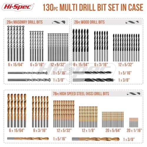 - Hi-Spec Drill Bit Set 130pc Multi SAE – 11 Sizes 1/16in to 3/8in – HSS Titanium, Masonry & Brad Point Steel Bits – Metal Drill Bits for Metal, Wood, Plastic, Drywall, Brick & Concrete – With Tray Case