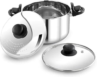 Stainless Steel Strainer Pot 3.7L | 20 CM | Anti-Locking Glass Lid | Multi-Purpose Pasta, Rice & Noodle Pot | Induction Base | Dishwasher Safe | 2-Year Warranty