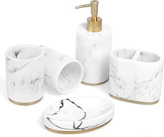 longsheng Bathroom Accessories Set, 5 Piece Resin Bathroom Sink Set, Toothbrush Holder, Liquid Soap Dispenser, Soap Dish, 2 Tumblers (Ink White with Gold)