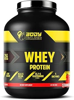 Body Builder 100% Whey Protein - 25g Protein, BCAAs, Glutamine, Digestive Enzymes for Lean Muscle Growth & Endurance, Suitable for Vegetarians & Keto Dieters (4 LB, Juicy Strawberry)