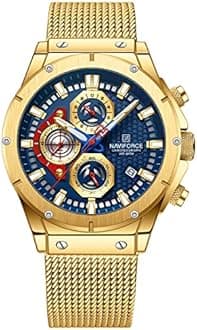 NAVIFORCE Fashion Stainless Steel Mesh Band Chronograph Quartz Watch for Men Auto Date Sport Waterproof Analog Wrist Watches (Gold)