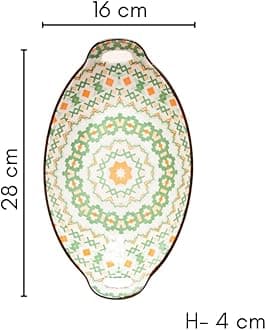 Nestasia Green Criss-Cross Ceramic Long Dish with Handles for Serving Snacks, Appetizers, Salads, and Noodles| Microwave Safe, Dishwasher Safe (10.8 Inch)