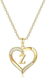 Heart Initial Necklaces for Women, 14K Gold Plated Cubic Zirconia Heart Pendant Necklace, Dainty Initial Charm Necklace Letter A to Z Jewelry for Women Girls
