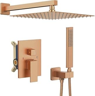 IriberBrushed Rose Gold Rain Shower System with 12 Inch Shower Head and Handheld Bathroom Wall Mounted Shower Set Contain Shower Faucet Mixer and Trim Kit (Valve Included)