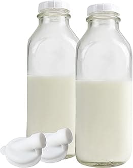 The Dairy Shoppe Heavy Glass Milk Bottles - Jugs with Extra Lids and a Silicone Pour Spout - Clear Milk Containers for Fridge - Reusable Glass Milk Jug Dispenser - Made in USA (33.8 oz, 2 Pack)