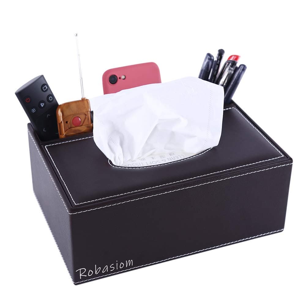 Robasiom Multifunction PU Leather Pen Pencil Remote Control Tissue Box Cover Holder Desk Storage Box Container for Home and Office Use(Coffee)