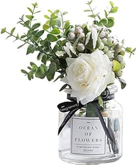 Ins Style Vase with Artificial Flower Set 1 Piece Fake Rose Berry Leaf Floral Flower Arrangement Glass Rose (White S)